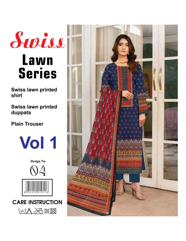 Meraj Nazeer - Premium Swiss Lawn-Dark Blue Red